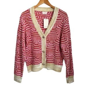 Fate Womens V Neck Button Up Cardigan Sweater Sz Medium Pink Beige Long Sleeve